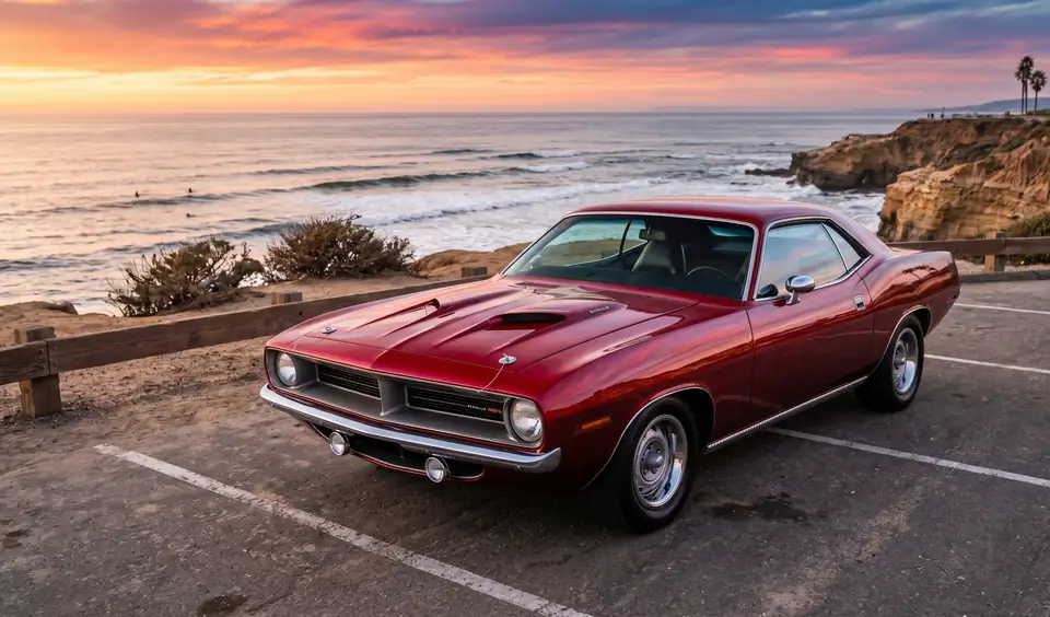 Red classic muscle car on the San Diego coast at sunset, representing classic and custom restoration at Clairemont Collision